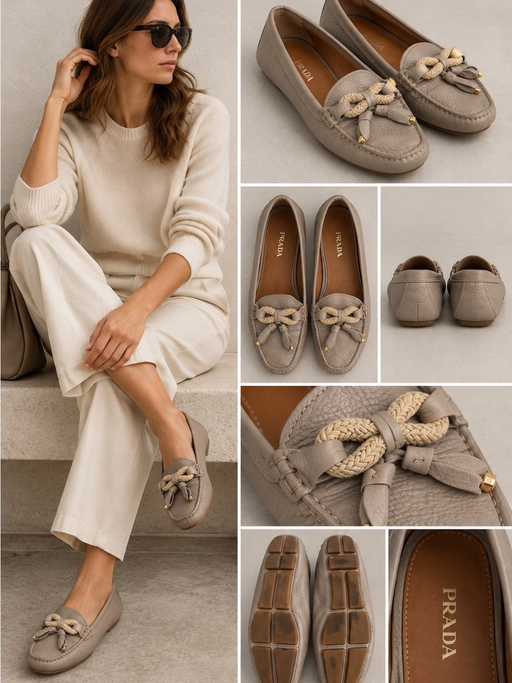 Prada Taupe Leather Braided-Knot Loafers